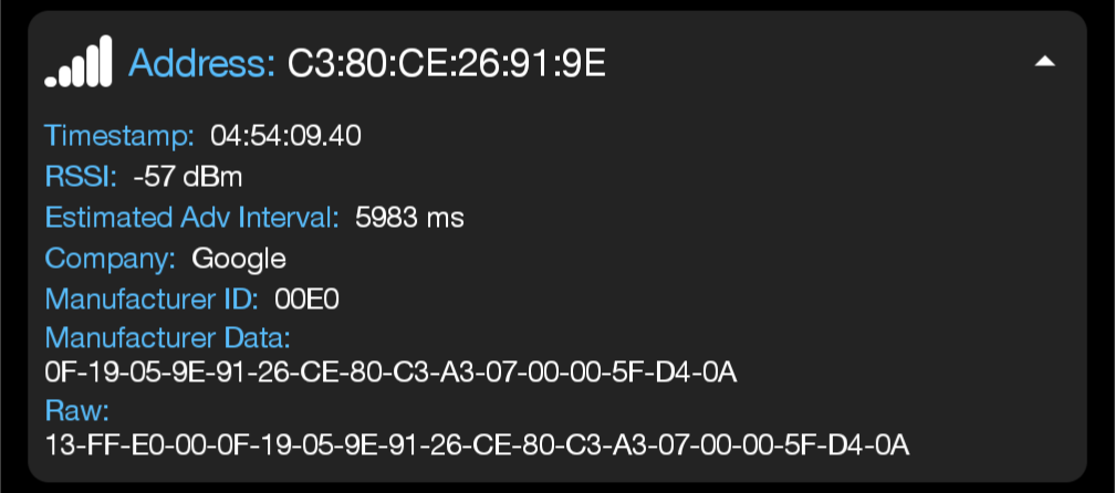 a screenshot of nRFConnect showing the BLE advertisement