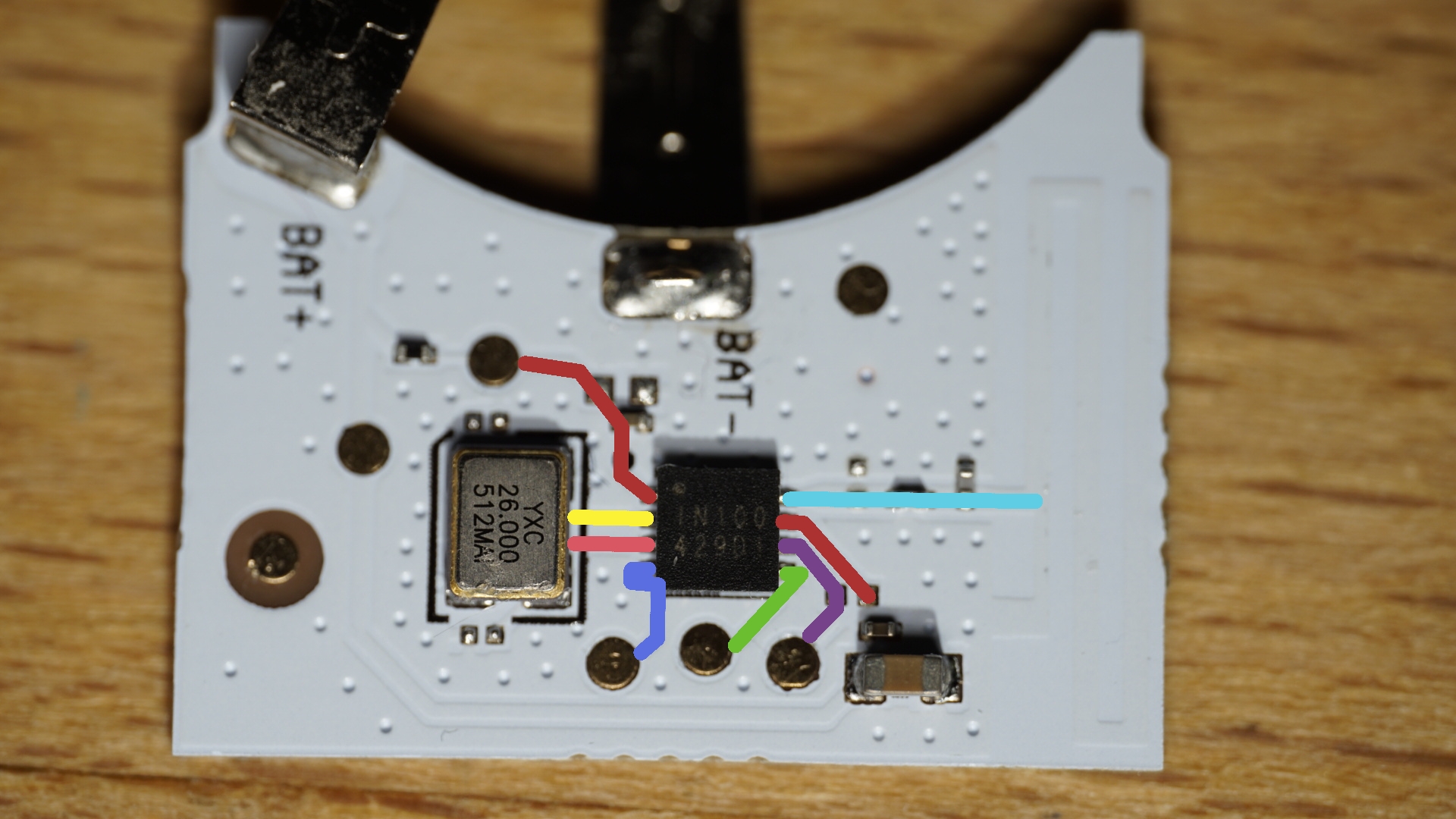 a marked photo of the PCB showing the pinout and traces